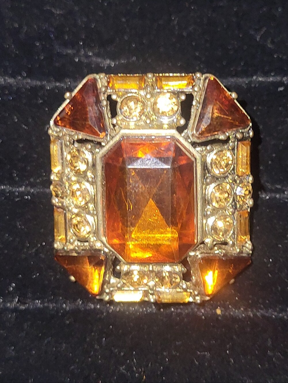 Vintage Mid-Century Style Amber & Topaz Crystal Statement Stretch Cocktail Ring